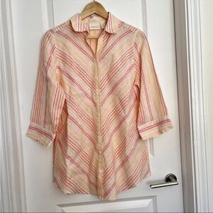Chico’s 100% Linen Womens Striped 3/4 Sleeve Button-Up No-Iron Shirt Sz 0 US S